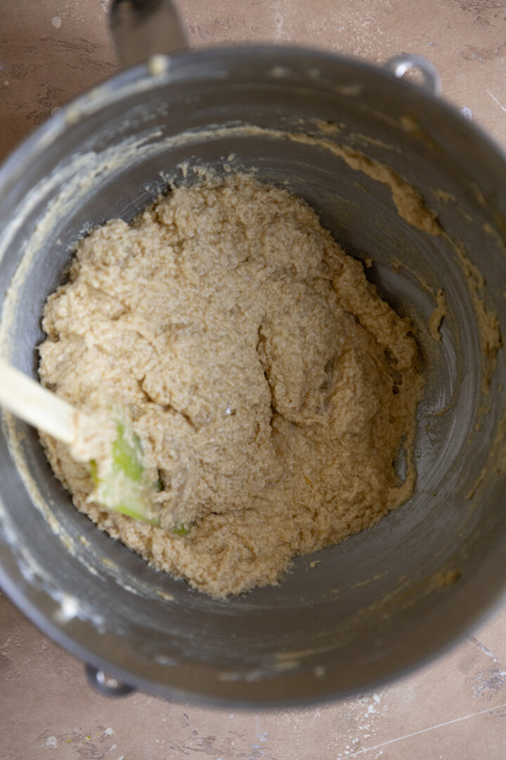 A mixture of butter, sugars, oil, and eggs to make a cake batter.