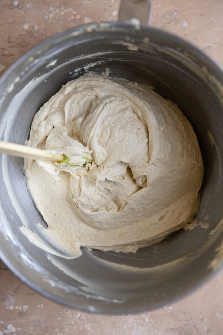 The finished batter for brown sugar cake in a mixing bowl.