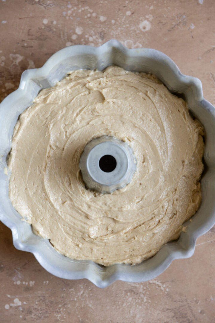 Brown sugar cake batter in a bundt pan.