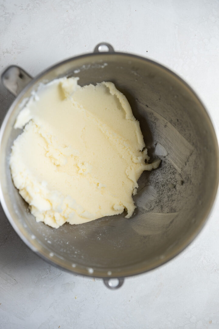 Creamed butter and sugar in a mixing bowl.