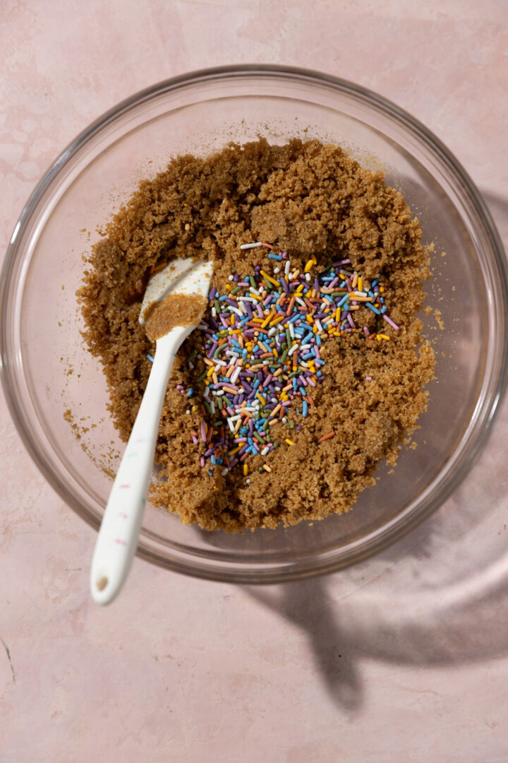 Jimmy sprinkles added to a graham cracker base.