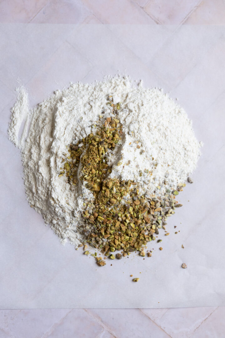 Dry ingredients for a pistachio bundt cake.