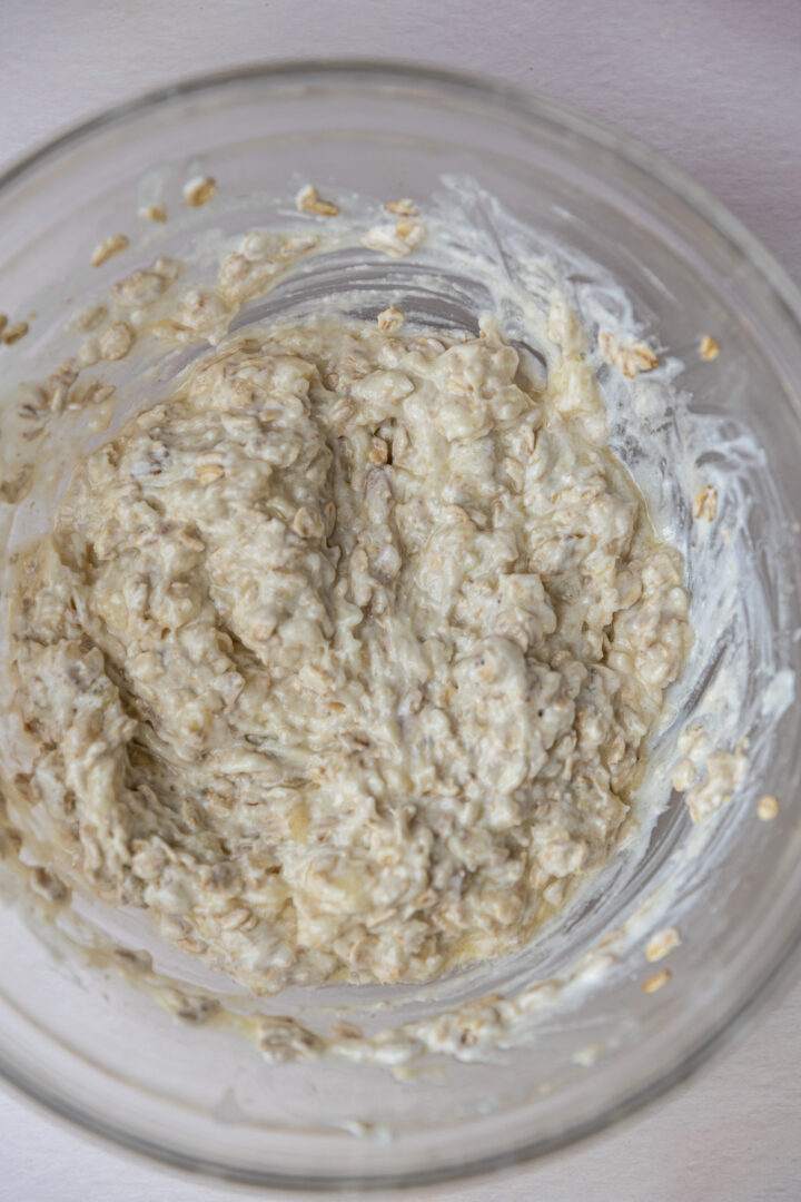 Oatmeal batter for blueberry banana oat muffins.
