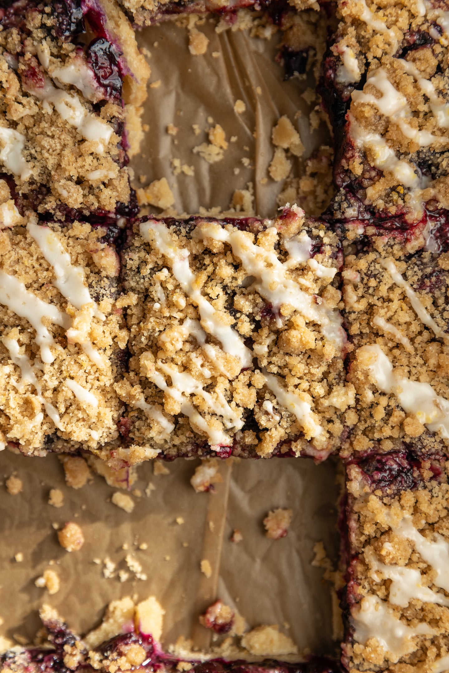 Blueberry lemon crumb bars cut into squares in a 9x13 pan.