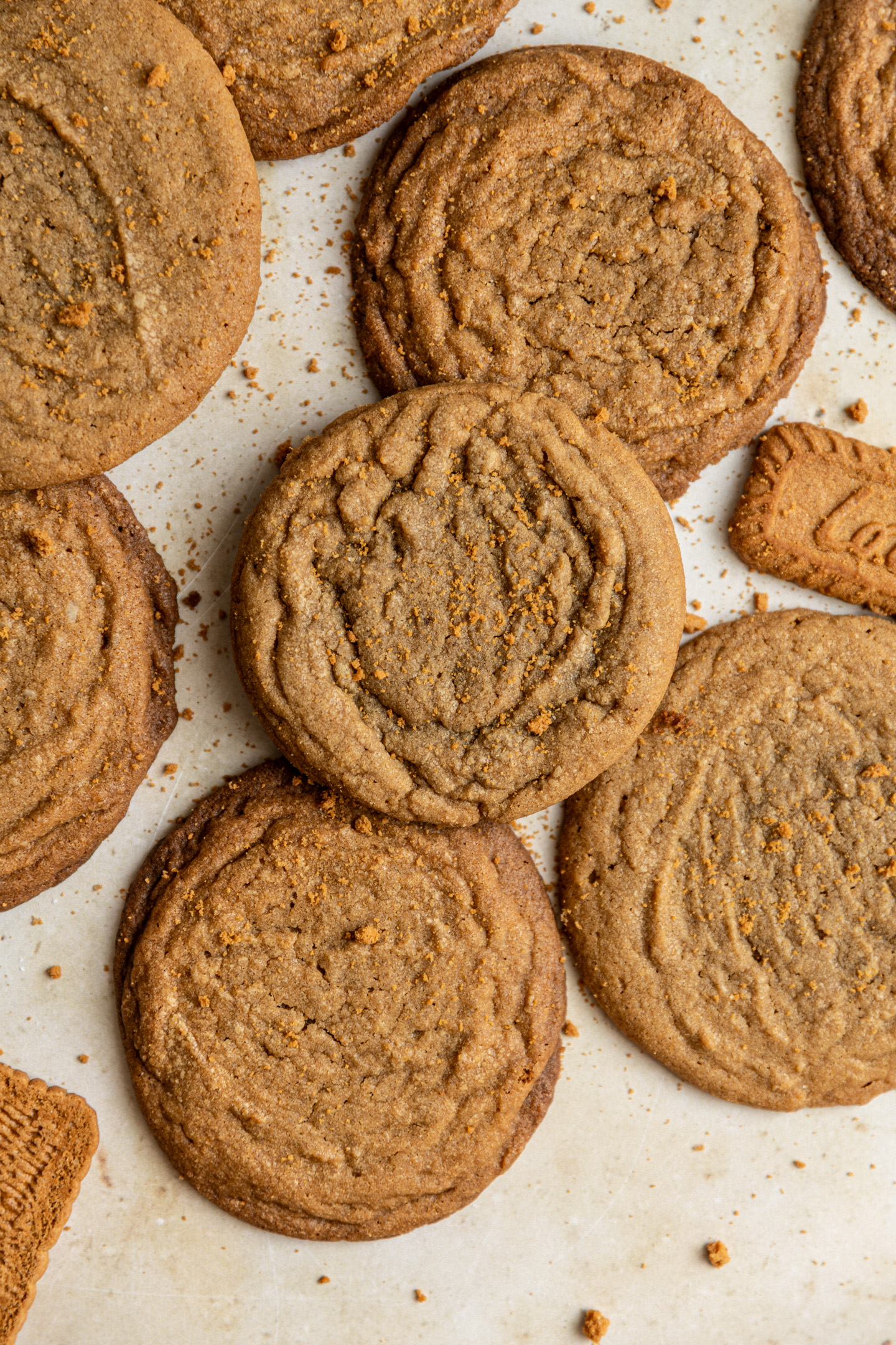 Cookie butter cookies on a beige background.